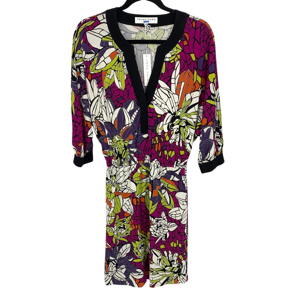 Trina Turk Tunic Dress Womens Size 2 V-Neck 3/4 Sleeve Geometric Floral Print